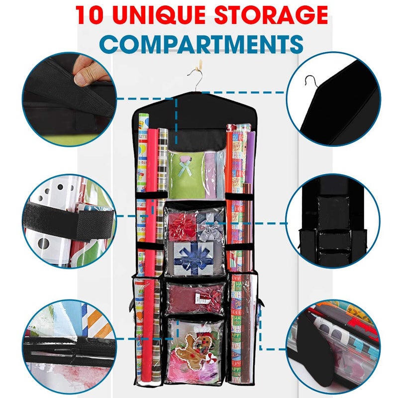 ProPik Hanging Double Sided Wrapping Paper Storage Organizer With Multiple Pockets Organize Your Gift Wrap, Gift Bags Bows Ribbons 40"X17" Fits 40 Inch Rolls Clear PVC Bag (Black) - Image 3